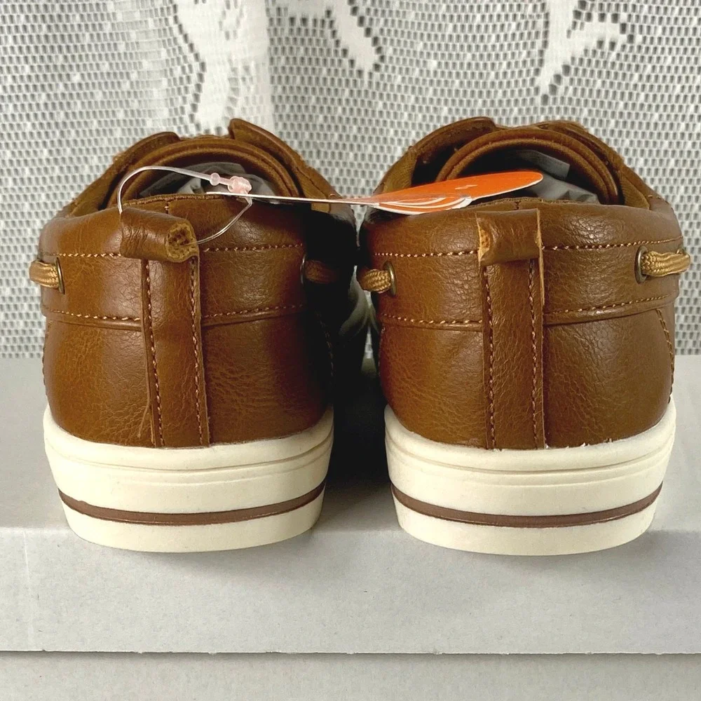 NWT Size 2 Boys Wonder Nation Brown Boat Shoe Slip On Memory Foam Back-to-School